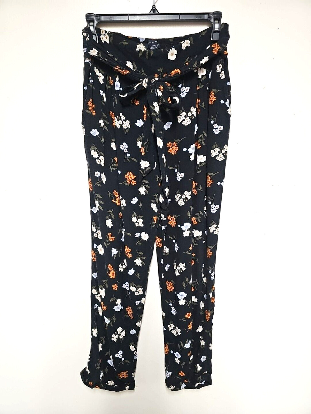 American Eagle Women Pants Med Black Floral Pull On Gauzy Belt Bloomcore